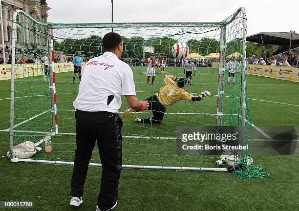 Player of Turkey scores by penalty during the Blind Football National match between Germany and Turkey on the �Day of Blind Football� in front of the...