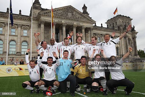 The team of Germany celebrates after winning the Blind Football National match between Germany and Turkey on the �Day of Blind Football� in front of...