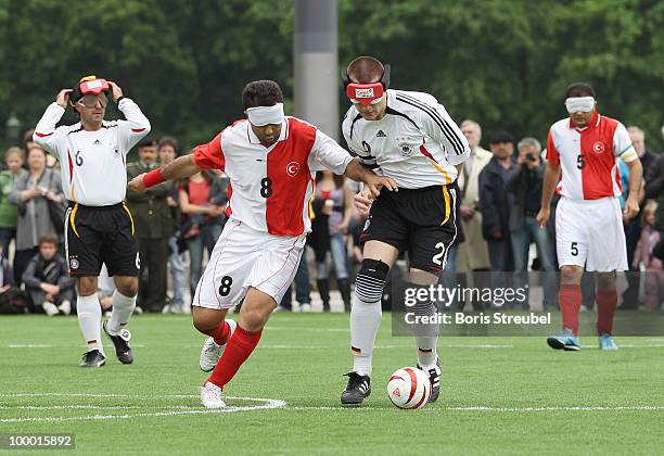 Alexander Fangmann of Germany battles for the ball with a player of Turkey during the Blind Football National match between Germany and Turkey on the...