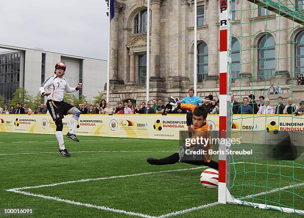 Lukas Smirek of Germany shoots the 5th goal during the Blind Football National match between Germany and Turkey on the �Day of Blind Football� in...