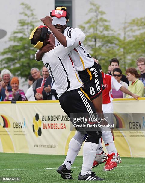 Russom Mulgheta and Lukas Smirek of Germany celebrates during the Blind Football National match between Germany and Turkey on the �Day of Blind...