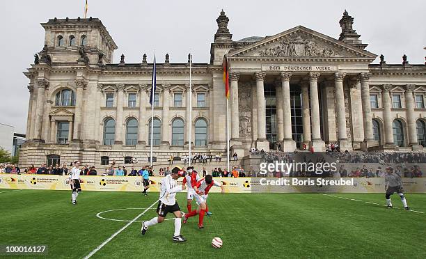 Players of Germany battle for the ball with players of Turkey during the Blind Football National match between Germany and Turkey on the �Day of...