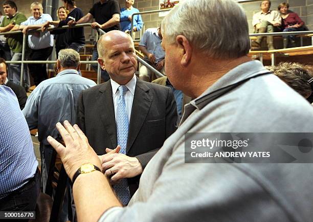 Foreign Secretary William Hague speaks to farmers at the Thirsk rural business centre in Thirsk, north Yorkshire, England on May 20 Hague was in the...