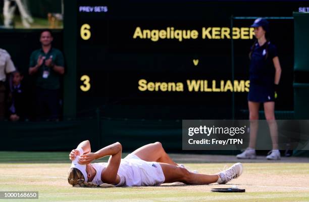 Angelique Kerber of Germany celebrates after beating Serena Williams of the United States in the ladies final at the All England Lawn Tennis and...