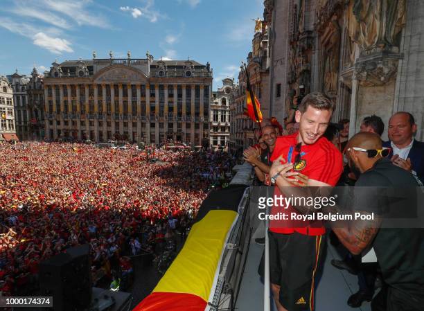 Belgian soccer team player Jan Vertonghen celebrates on the balcony of the city hall at the Brussels' Grand Place, after taking the third place in...