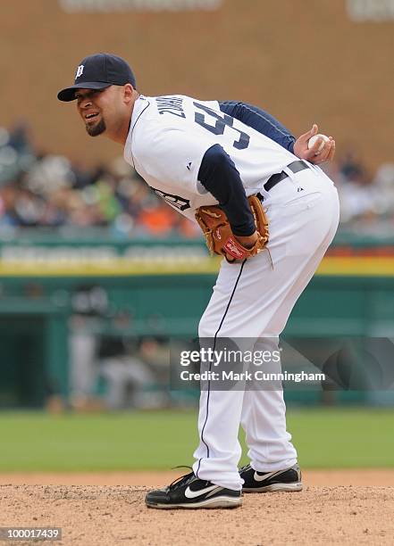 Joel Zumaya of the Detroit Tigers pitches against the Chicago White Sox during the game at Comerica Park on May 18, 2010 in Detroit, Michigan. The...