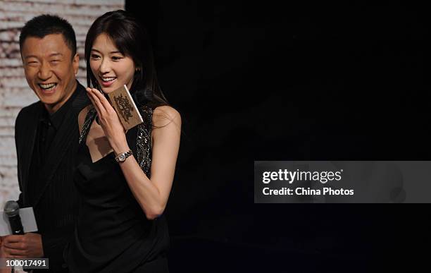 Taiwan supermodel Chiling Lin and Chinese actor Sun Honglei attend the press conference of movie "Welcome To Shama Town" on May 20, 2010 in Beijing,...