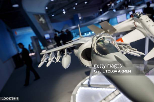 Harrier AW-8B scale-model is displayed at the BAE Systems showroom during the Farnborough Airshow, south west of London, on July 16, 2018.