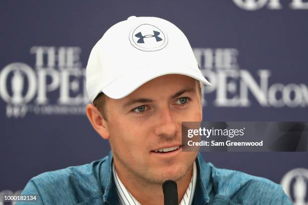 Jordan Spieth of the United States, winner of the 146th Open Championship talks in a press conference during previews ahead of the 147th Open...