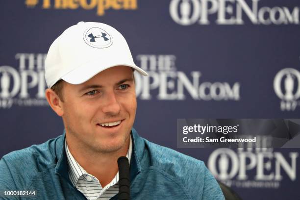 Jordan Spieth of the United States, winner of the 146th Open Championship talks in a press conference during previews ahead of the 147th Open...