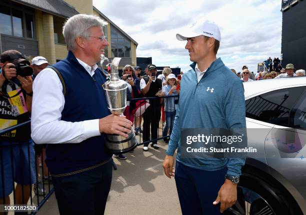 Jordan Spieth of the United States, winner of the 146th Open Championship, returns the Claret Jug to R&A Chief Executive, Martin Slumbers on the...