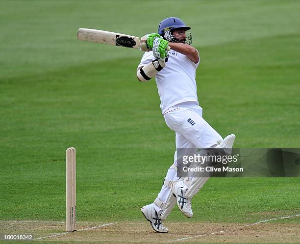 Monty Panesar of England Lions in action batting during day two of the match between England Lions and Bangladesh at The County Ground on May 20,...