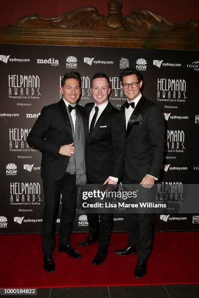 Michael Falzon, Matt Lee and Rob Mills arrive at the 18th Annual Helpmann Awards at Capitol Theatre on July 16, 2018 in Sydney, Australia.