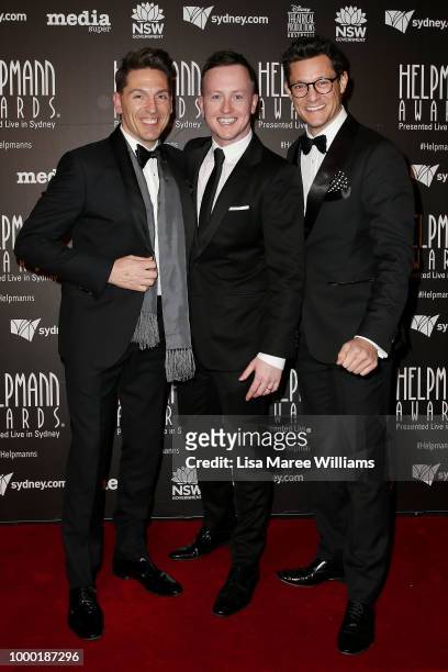 Michael Falzon, Matt Lee and Rob Mills arrive at the 18th Annual Helpmann Awards at Capitol Theatre on July 16, 2018 in Sydney, Australia.