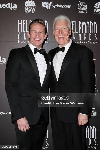David Harris and Tony Sheldon arrive at the 18th Annual Helpmann Awards at Capitol Theatre on July 16, 2018 in Sydney, Australia.