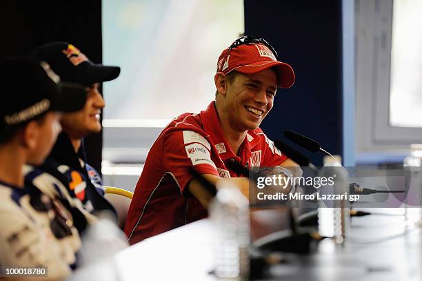 Casey Stoner of Australia and Ducati Marlboro Team smiles during the press conference pre event of Grand Prix of France in Le Mans Circuit on May 20,...