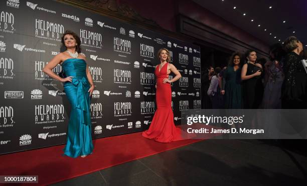 Natalie Bassingthwaighte and Caroline O'Connor arrive at the 18th Annual Helpmann Awards at the Capitol Theatre on July 16, 2018 in Sydney,...