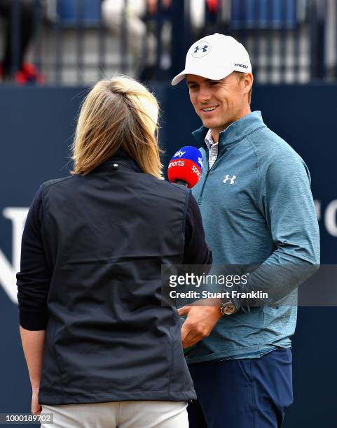 Jordan Spieth of the United States, winner of the 146th Open Championship, talks to the media during previews ahead of the 147th Open Championship at...