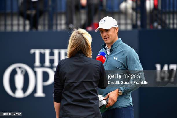 Jordan Spieth of the United States, winner of the 146th Open Championship, talks to the media during previews ahead of the 147th Open Championship at...