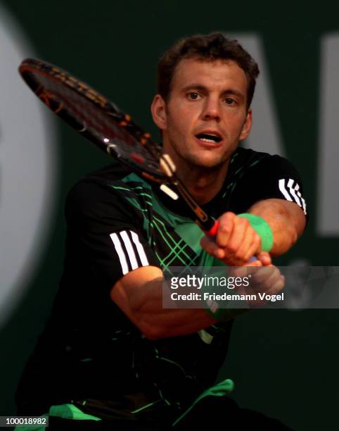 Paul-Henri Mathieu of France in action during his match against Eduardo Schwank of Argentina during day four of the ARAG World Team Cup at the...