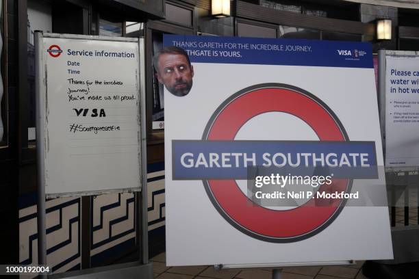 Southgate Underground tube station on the Piccadilly Line in Enfield has been rebranded with Gareth Southgate's name by TFL on July 16, 2018 in...