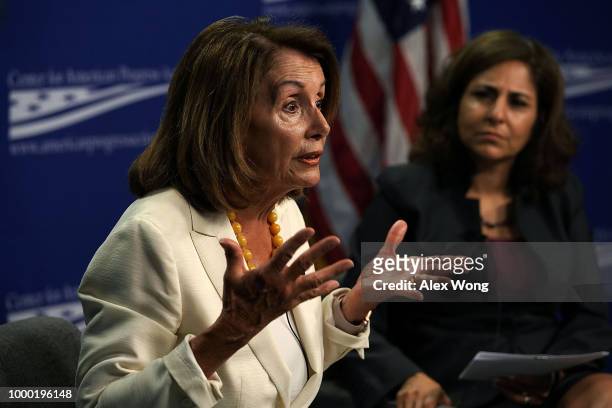 House Minority Leader Rep. Nancy Pelosi speaks as CEO of Center for American Progress Action Fund Neera Tanden listens during a discussion at Center...