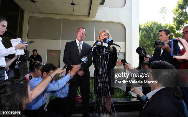 Michael Lohan, Lindsay Lohan's father and his lawyer Lisa Bloom answer to the journalists infront of the Courthouse in Beverly Hills, California.