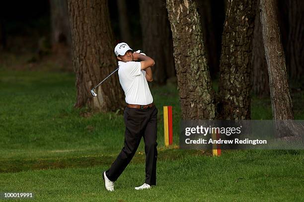 Francois Delamontagne of France hits an approach shot during the first round of the BMW PGA Championship on the West Course at Wentworth on May 20,...