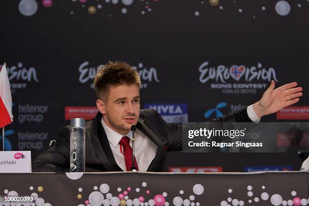 Marcin Mrozinski of Poland attends a press conference at the Telenor Arena on May 20, 2010 in Oslo, Norway. 39 countries will take part in the 55th...