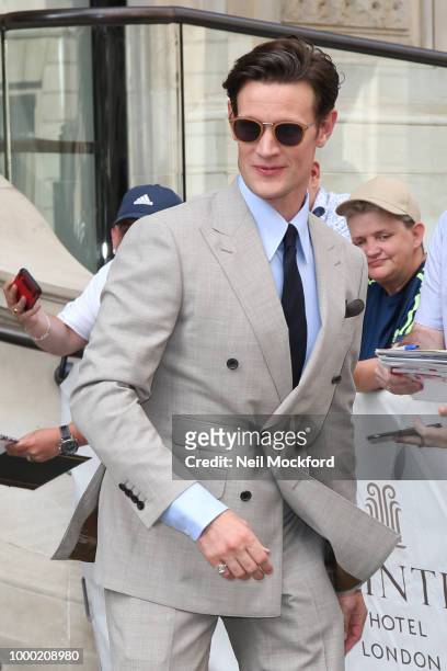 Lily James and Matt Smith seen leaving their hotel ahead of the Mamma Mia 2 Premiere on July 16, 2018 in London, England.