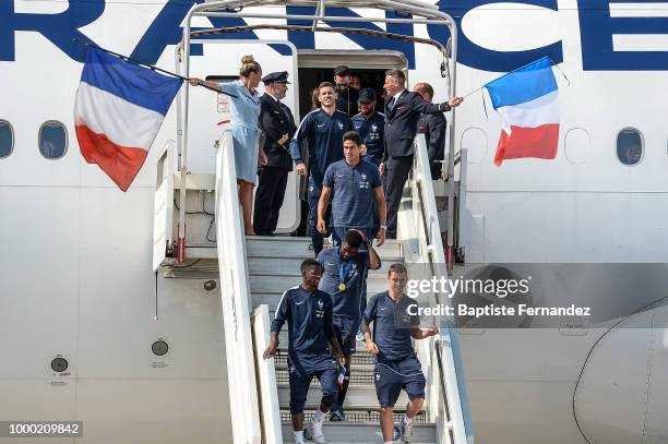 Lucas Hernandez, Thomas Lemar, Raphael Varane, Samuel Umtiti, Ousmane Dembele and Antoine Griezmann of France during the arrival at Airport Roissy...