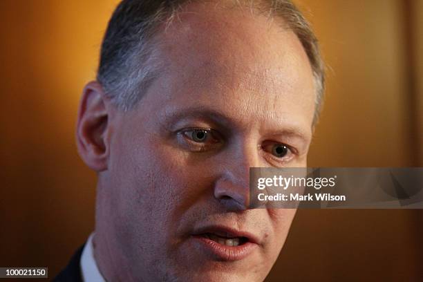 Rep. Mark Critz talks to reporters moments after he was sworn in on the floor of the House on Capitol Hill May 20, 2010 in Washington, DC. Rep. Critz...