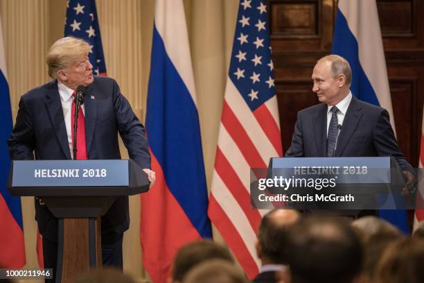 President Donald Trump and Russian President Vladimir Putin speak to the media during a joint press conference after their summit on July 16, 2018 in...