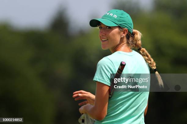 Jaye Marie Green of Boca Raton, Florida greets the gallery as she walks onto the 18th green during the final round of the Marathon LPGA Classic golf...