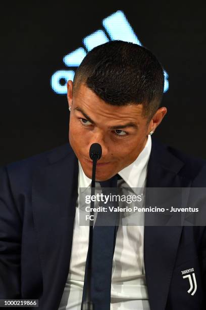 Juventus new signing Cristiano Ronaldo speaks to the media during the press conference on July 16, 2018 in Turin, Italy.