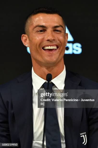 Juventus new signing Cristiano Ronaldo speaks to the media during the press conference on July 16, 2018 in Turin, Italy.