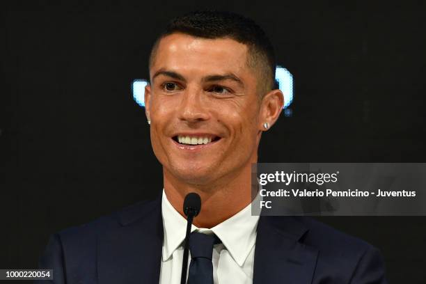 Juventus new signing Cristiano Ronaldo speaks to the media during the press conference on July 16, 2018 in Turin, Italy.