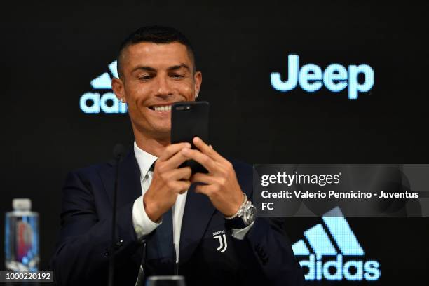 Juventus new signing Cristiano Ronaldo speaks to the media during the press conference on July 16, 2018 in Turin, Italy.