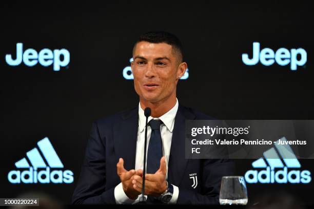 Juventus new signing Cristiano Ronaldo speaks to the media during the press conference on July 16, 2018 in Turin, Italy.