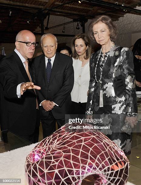 Queen Sofia of Spain and Greek President Karlos Papoulias are shown exhibits during the opening ceremony for the 'Contemporary Spanish Architecture'...