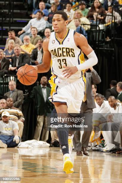 Danny Granger of the Indiana Pacers drives the ball downcourt against the Sacramento Kings during the game on March 30, 2010 at Conseco Fieldhouse in...