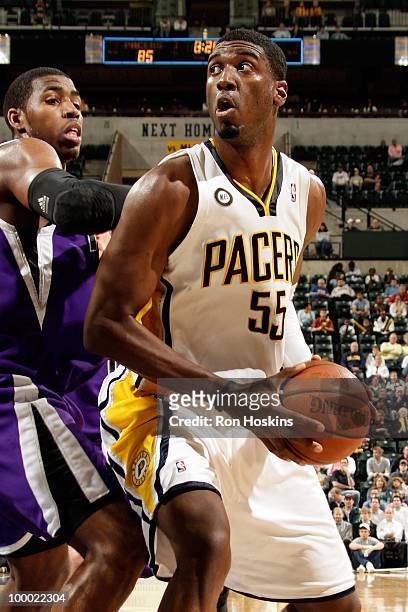 Roy Hibbert of the Indiana Pacers drives the ball against the Sacramento Kings during the game on March 30, 2010 at Conseco Fieldhouse in...