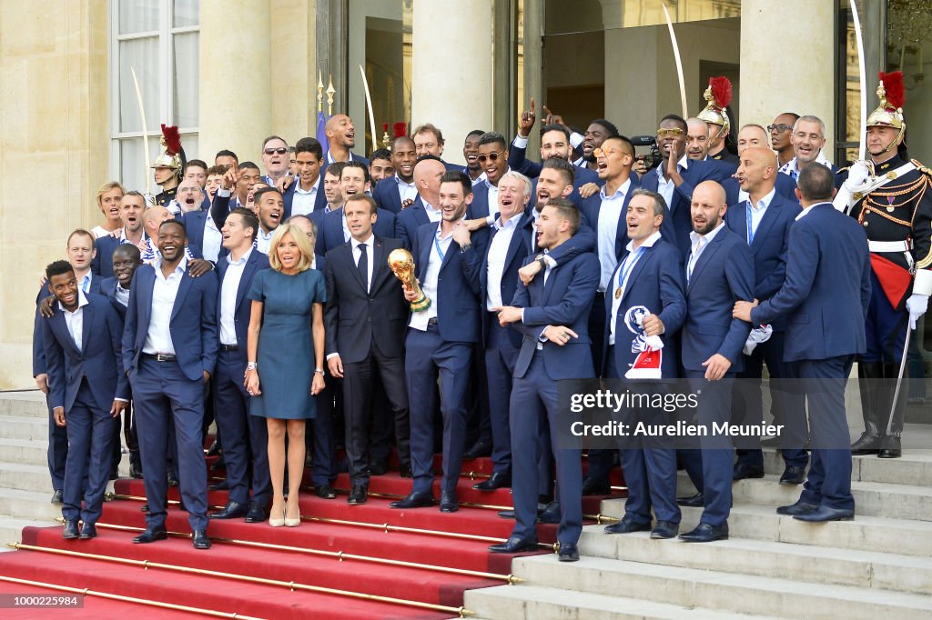 French President Emmanuel Macron Receives The France Football Team At Elysee Palace