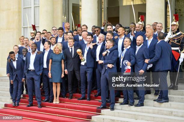 French President Emmanuel Macron receives the France football team during a ceremony at the Elysee Palace on July 16, 2018 in Paris, France. France...
