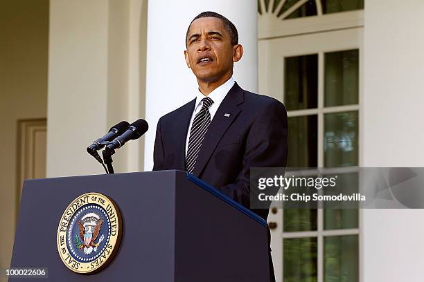 President Barack Obama delivers remarks on financial reform legislation in the Rose Garden at the White House May 20, 2010 in Washington, DC. The...