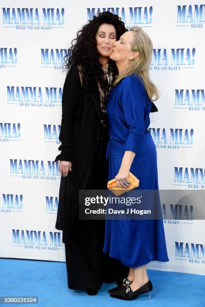 Cher and Meryl Streep attend the UK Premiere of "Mamma Mia! Here We Go Again" at Eventim Apollo on July 16, 2018 in London, England.