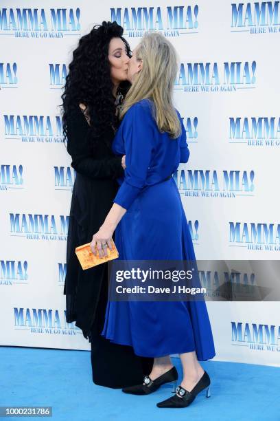 Cher and Meryl Streep attend the UK Premiere of "Mamma Mia! Here We Go Again" at Eventim Apollo on July 16, 2018 in London, England.