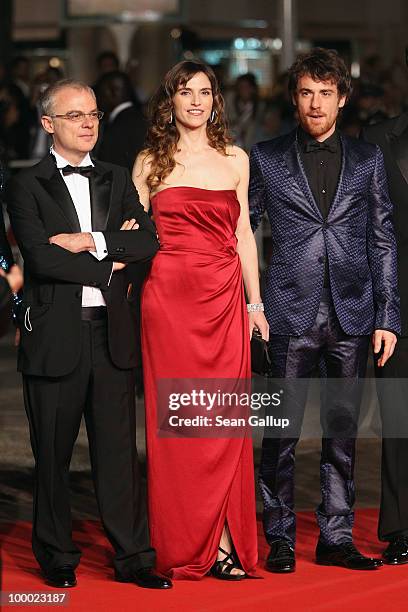 Director Daniele Luchetti, Stefania Montorsi and Elio Germano attend the "Our Life" Premiere at the Palais des Festivals during the 63rd Annual...