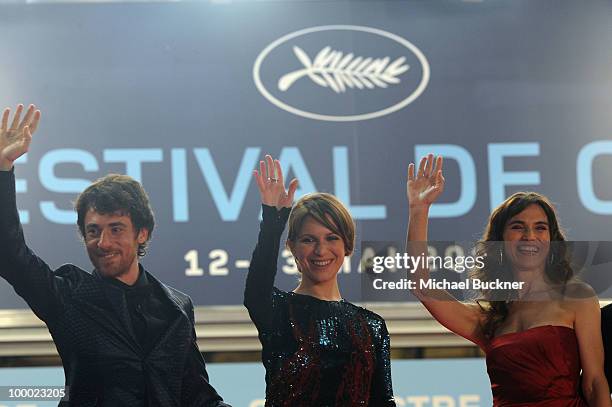Actor Elilo Germano and actresses Alina Berzenteanu, Stefania Montorsi attend the "Our Life" Premiere at the Palais des Festivals during the 63rd...