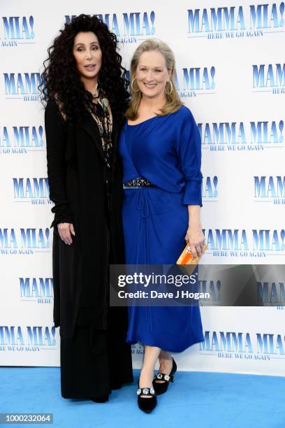 Cher and Meryl Streep attend the UK Premiere of "Mamma Mia! Here We Go Again" at Eventim Apollo on July 16, 2018 in London, England.
